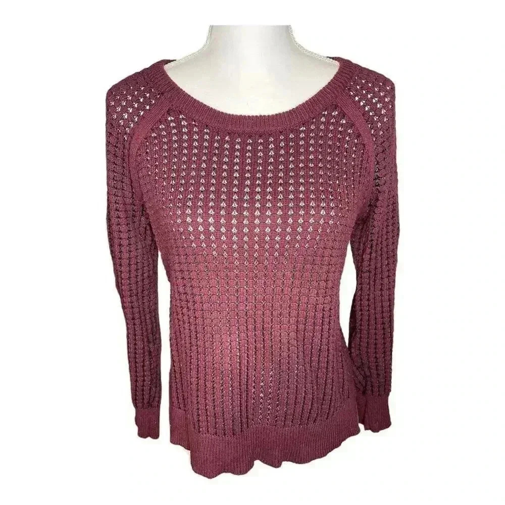 a.n.a. Petite Small Burgundy Open Knit Long Sleeved Stretchy Sweater